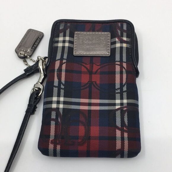 Coach Poppy Tartan Plaid Wristlet with nickel hardware patent leather black trim - Picture 3 of 17